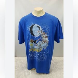 Blue Graphic T-Shirt with Santa and Moon Design